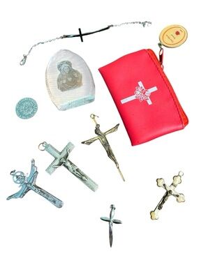 Mixed Religious Cross Pendant Lot with Red Pouch St-Therese Pray For Us Metal